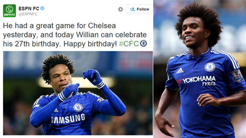 Chúc mừng sinh nhật Willian lại nhầm sang Loic Remy